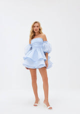 AmarylIis Smocked Puff-Sleeve Linen-Silk Mini Dress