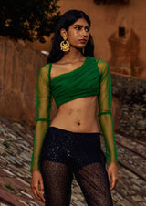 Asymmetric Draped Full-Sleeve Crop Top