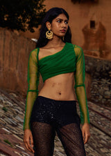 Asymmetric Draped Full-Sleeve Crop Top