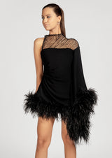 Aurora Feathered Asymmetric Crepe Mini Dress