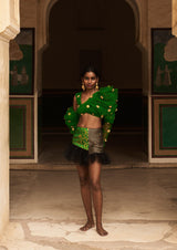 Bijiya Asymmetric Puff-Sleeve Tulle Crop Top