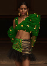 Bijiya Asymmetric Puff-Sleeve Tulle Crop Top