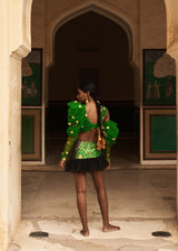 Bijiya Asymmetric Puff-Sleeve Tulle Crop Top