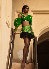 Bijiya Asymmetric Puff-Sleeve Tulle Crop Top