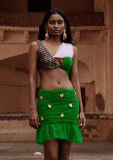 Colour-Block Ruched Tulle Brocade Crop Top