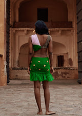 Colour-Block Ruched Tulle Brocade Crop Top