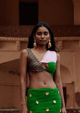 Colour-Block Ruched Tulle Brocade Crop Top