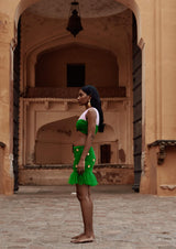 Colour-Block Ruched Tulle Brocade Crop Top