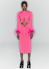 Feathered Cut-Out Knitted Midi Dress