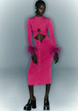 Feathered Cut-Out Knitted Midi Dress