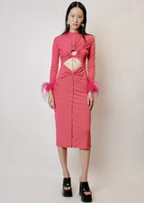 Feathered Cut-Out Knitted Midi Dress
