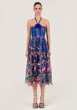 Floral Embroidered Tulle Midi Dress