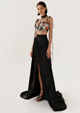 Full-Length Paper Bag Waist Satin Skirt