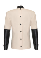 Non-Detachable Leather-Sleeved Cotton-Mix Top
