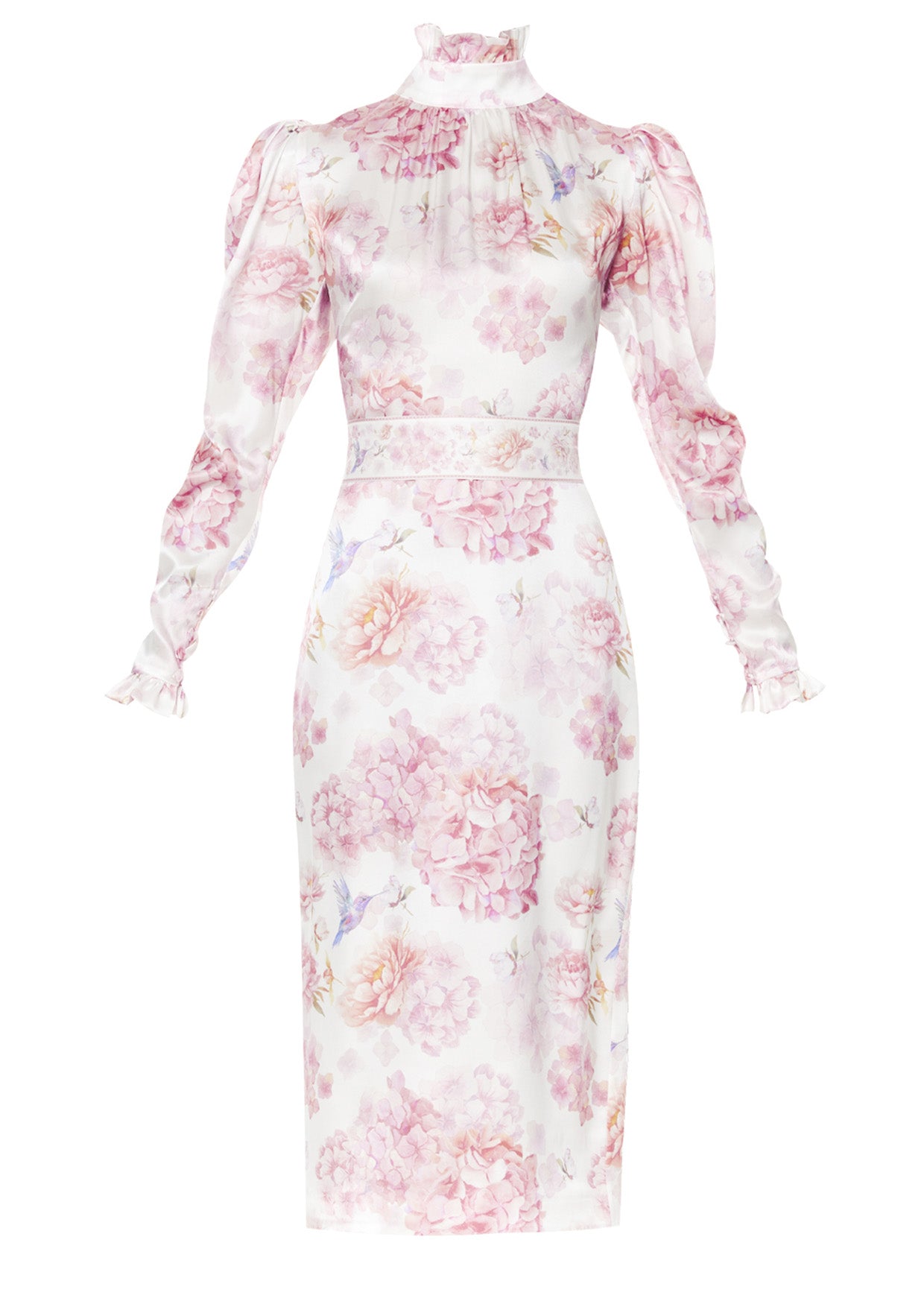 high neck silk midi dress Washable Stretch Silk High Neck Midi Dress in Vintage Navy Roses