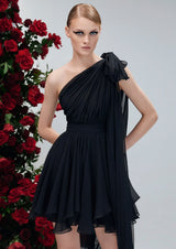Sarracenia Noir Cape-Sleeve Silk Chiffon Mini Dress