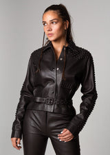 Topaz Studded Collared Leather Jacket Black