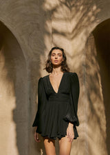 YVON - Ancolie Silk V-Neck Long-Sleeved Mini Dress