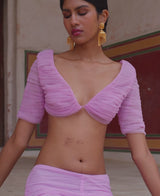 Ruched Quarter-Sleeve Tulle Crop Top