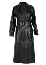 Ebony Long Leather Trench Coat with Belt