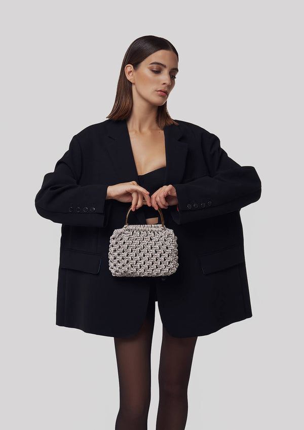 Alice Crystal-Studded Woven Metallic Handle Handbag