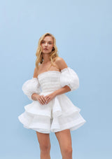 AmarylIis Smocked Puff-Sleeve Linen-Silk Mini Dress