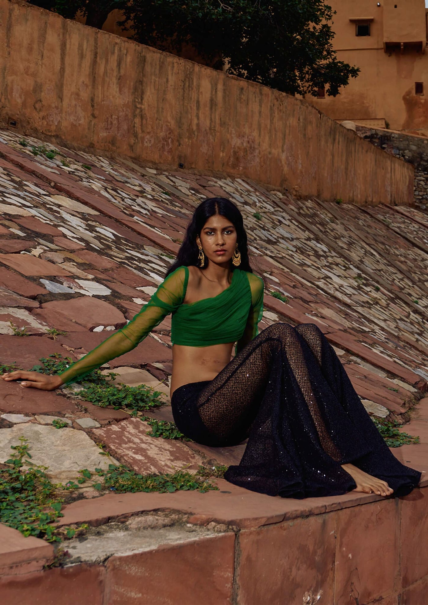 Szabo Sihag - Asymmetric Draped Full-Sleeve Crop Top – MADAMVOYAGE