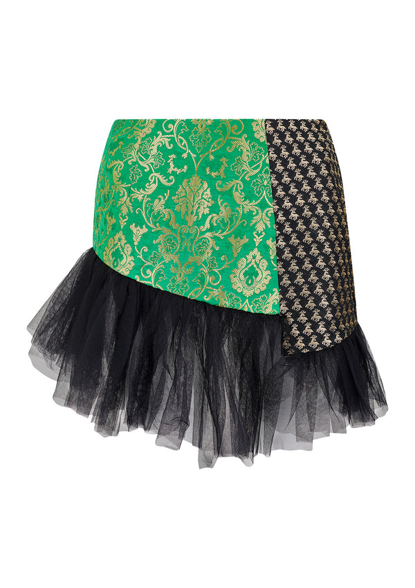 Asymmetric Low-Waist Brocade Mini Skirt