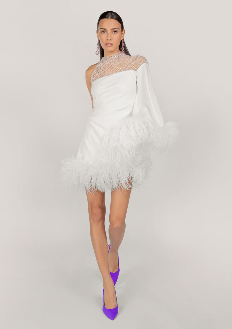 Aurora Feathered Asymmetric Crepe Mini Dress