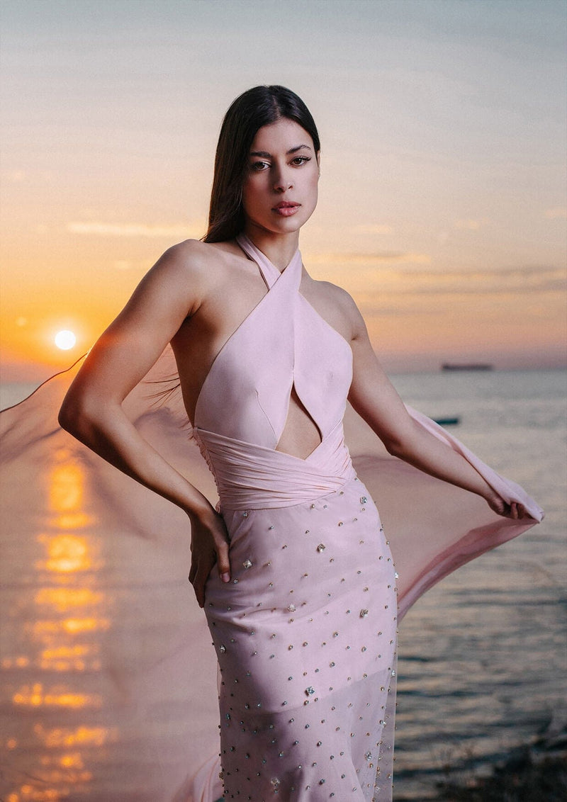 Monika Dimova - Crystal Embellished Asymmetric Silk Maxi Dress MADAMVOYAGE Monika Dimova - Crystal Embellished Asymmetric Silk Maxi Dress MADAMVOYAGE