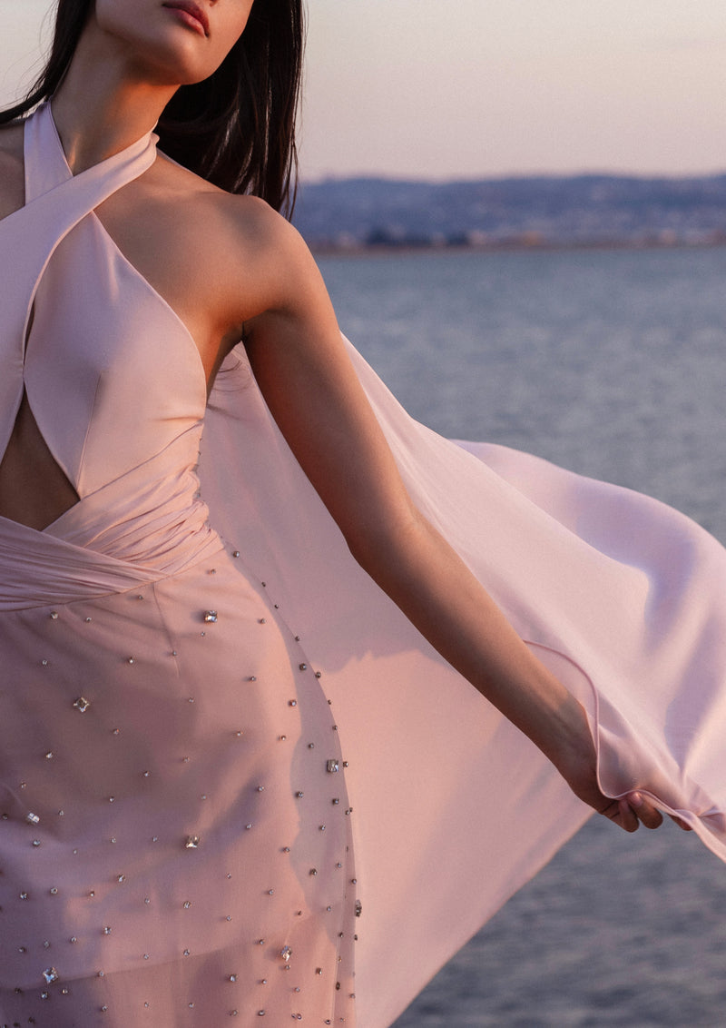 Crystal Embellished Asymmetric Silk Maxi Dress