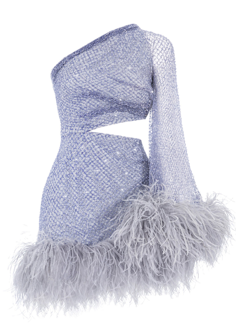 Cut-Out Asymmetric Feathered Crystal Mini Dress