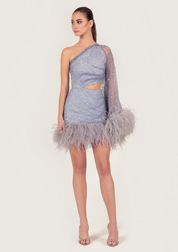 Cut-Out Asymmetric Feathered Crystal Mini Dress