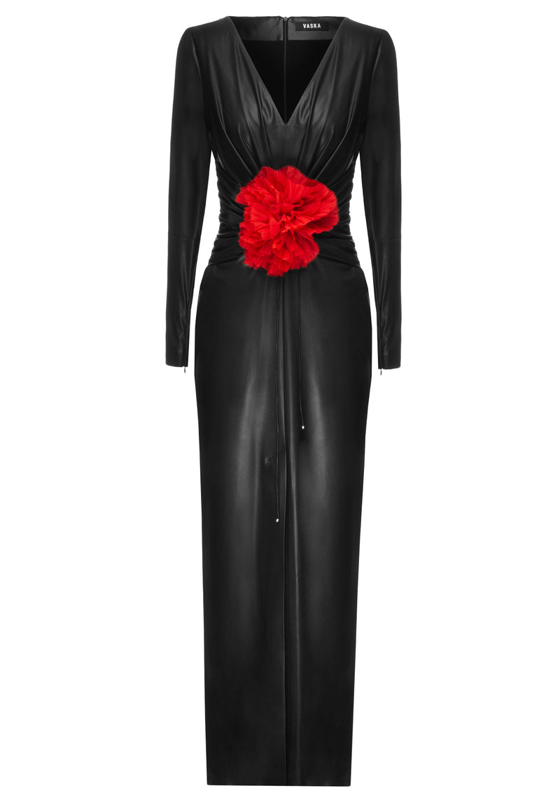 Vaska - Detachable Flower Vegan Leather Maxi Dress MADAMVOYAGE Vaska - Detachable Flower Vegan Leather Maxi Dress MADAMVOYAGE
