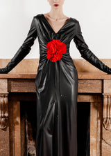Detachable Flower Vegan Leather Maxi Dress