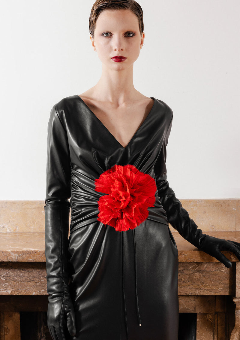 Vaska - Detachable Flower Vegan Leather Maxi Dress MADAMVOYAGE Vaska - Detachable Flower Vegan Leather Maxi Dress MADAMVOYAGE