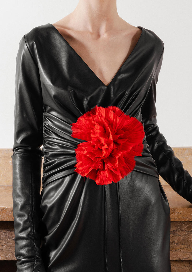 Vaska - Detachable Flower Vegan Leather Maxi Dress MADAMVOYAGE Vaska - Detachable Flower Vegan Leather Maxi Dress MADAMVOYAGE