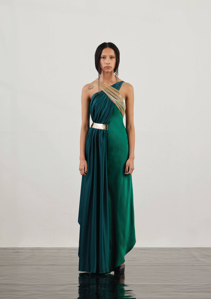 Draped Halter-Neck Satin Maxi Dress\