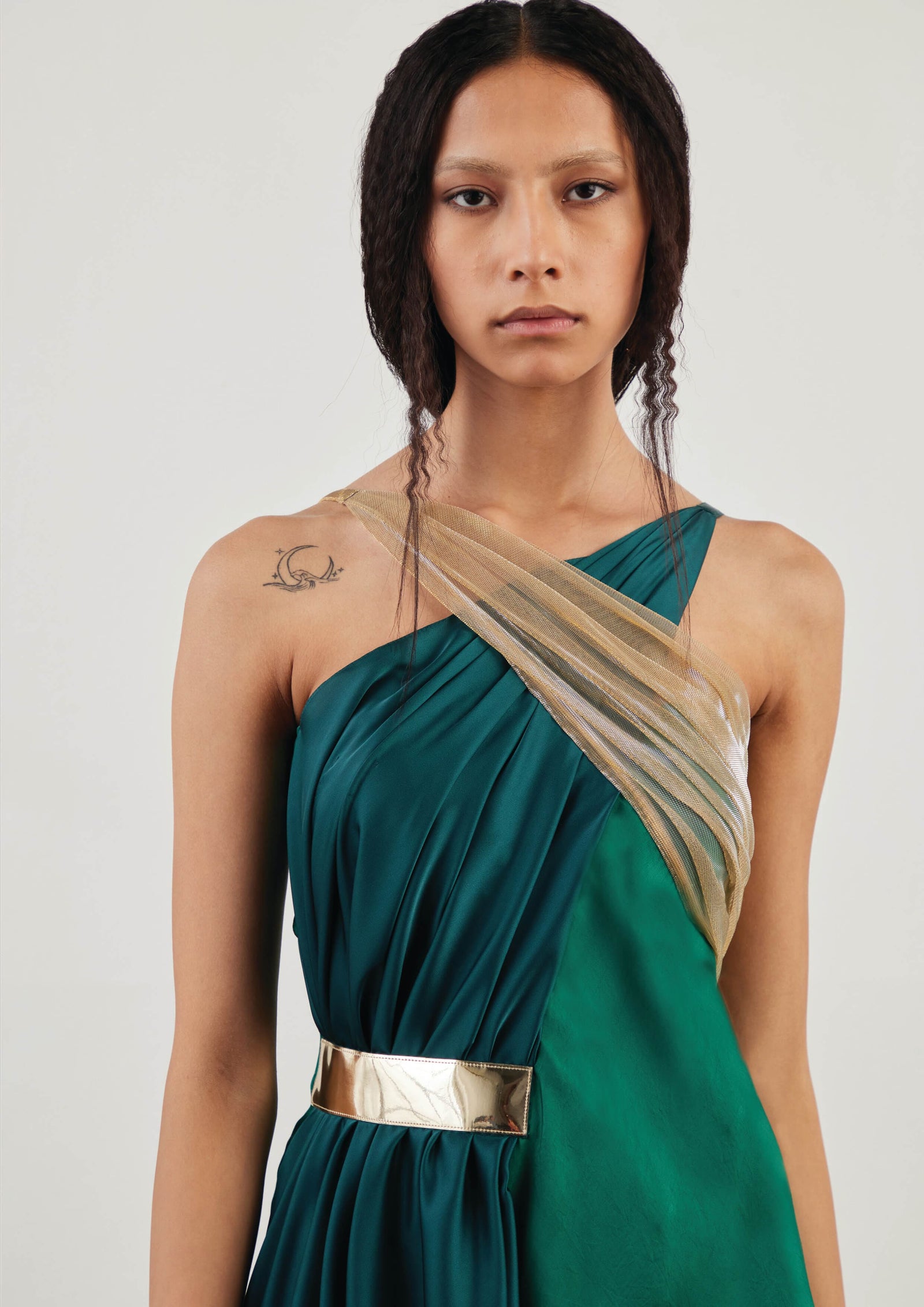 AKHL - Draped Halter-Neck Satin Maxi Dress  MADAMVOYAGE