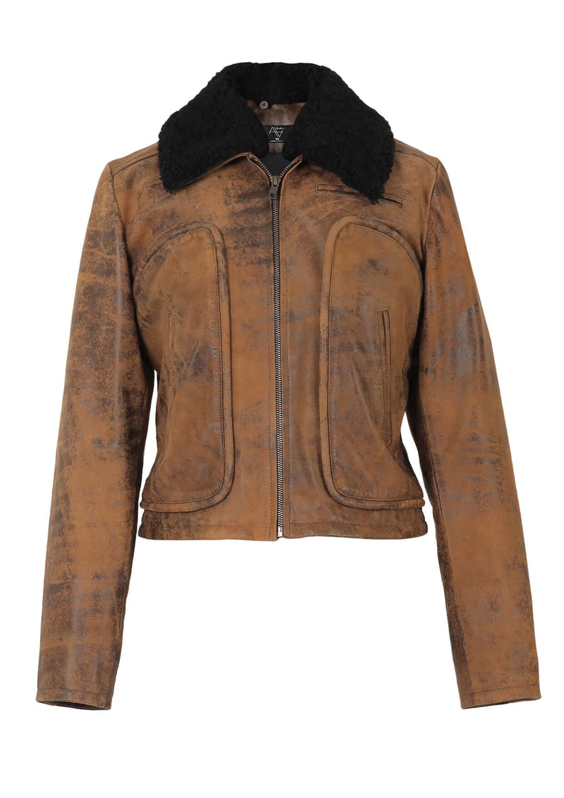 Emery Removable Collar Washed Leather Jacket Brown