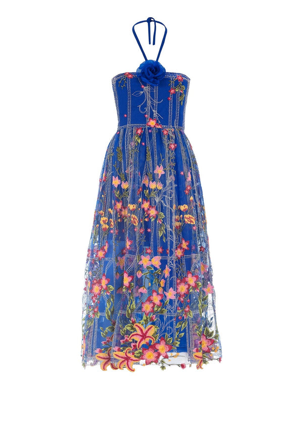 Floral Embroidered Tulle Midi Dress