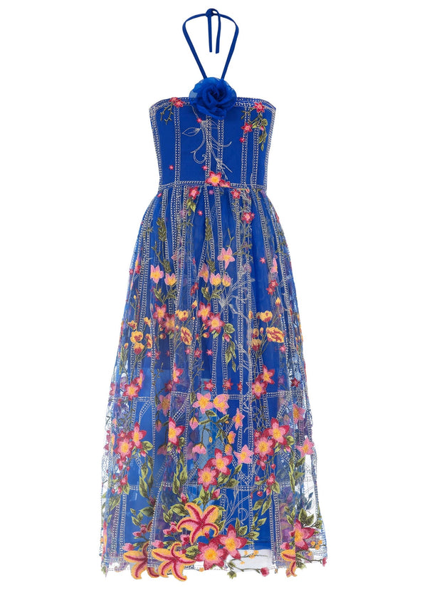 Floral Embroidered Tulle Midi Dress