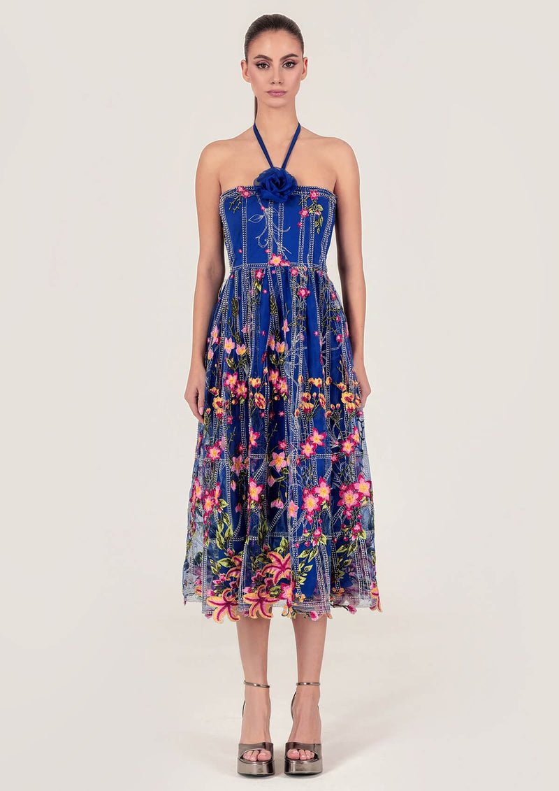 Floral Embroidered Tulle Midi Dress