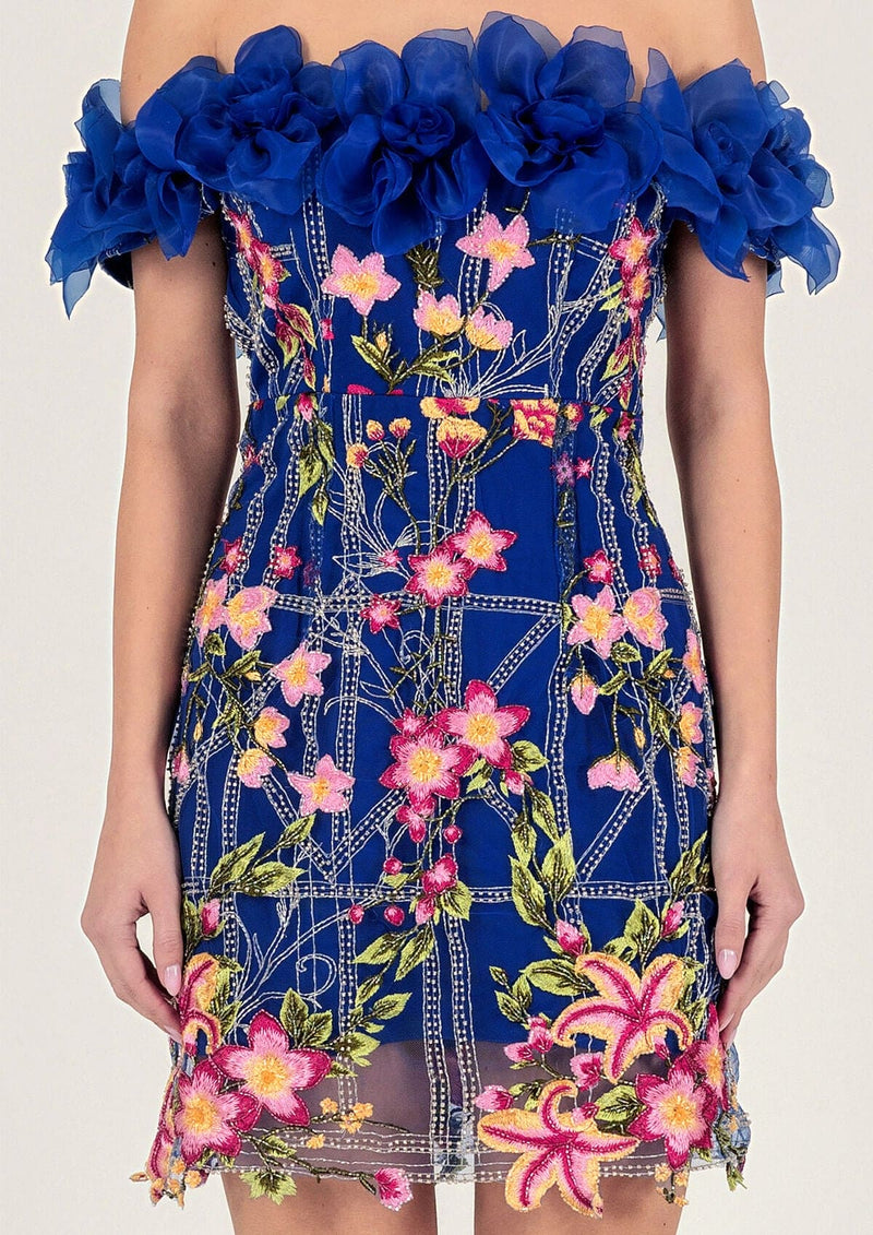 Flower Appliqué Off-Shoulder Mini Dress