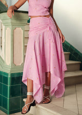 Gardenia Embroidered Asymmetric Linen Midi Skirt