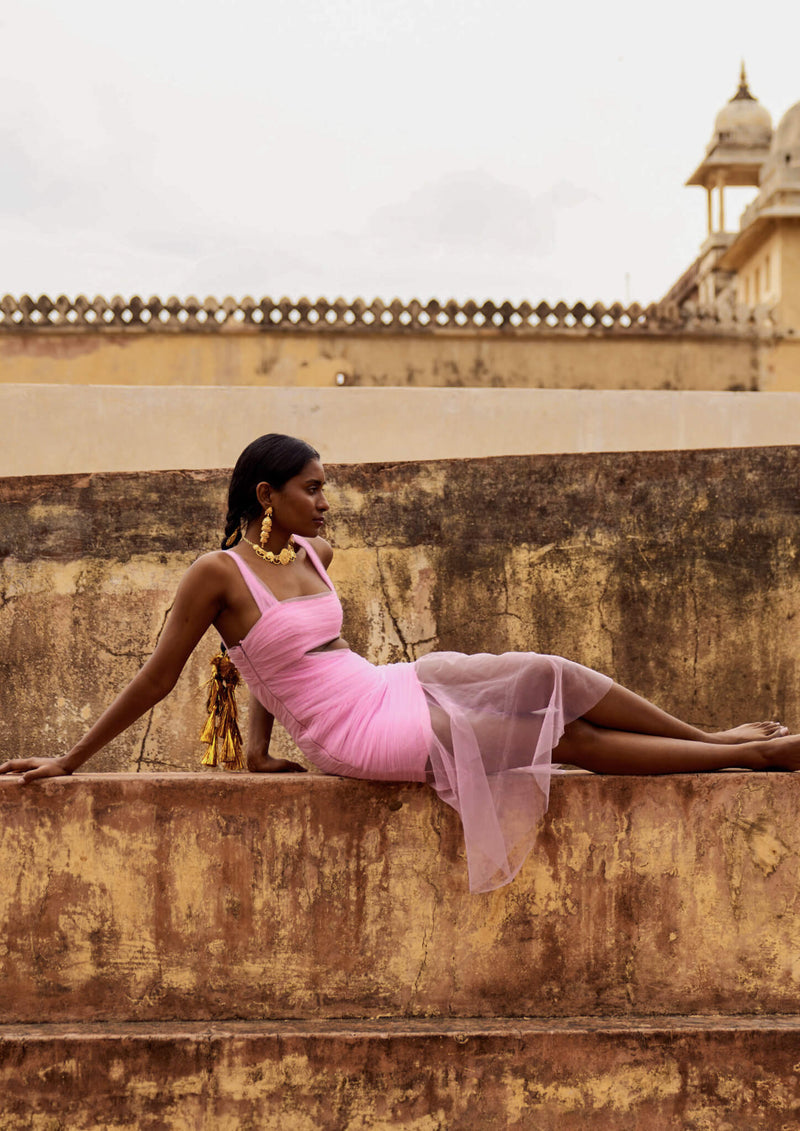 Gathered Semi-Sheer Cut-Out Tulle Midi Dress