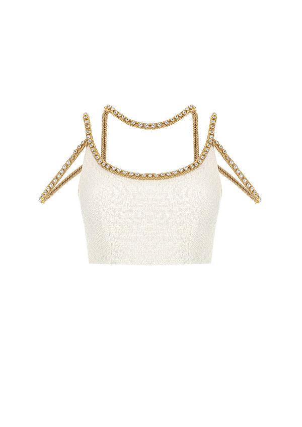 Gold Thread Embroidered Tweed Crop Top
