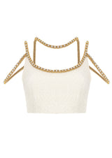 Gold Thread Embroidered Tweed Crop Top