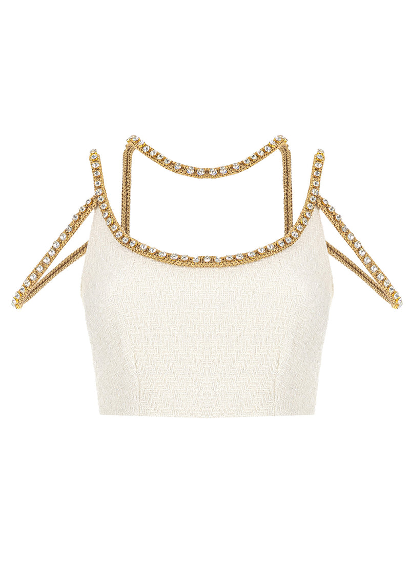 Gold Thread Embroidered Tweed Crop Top