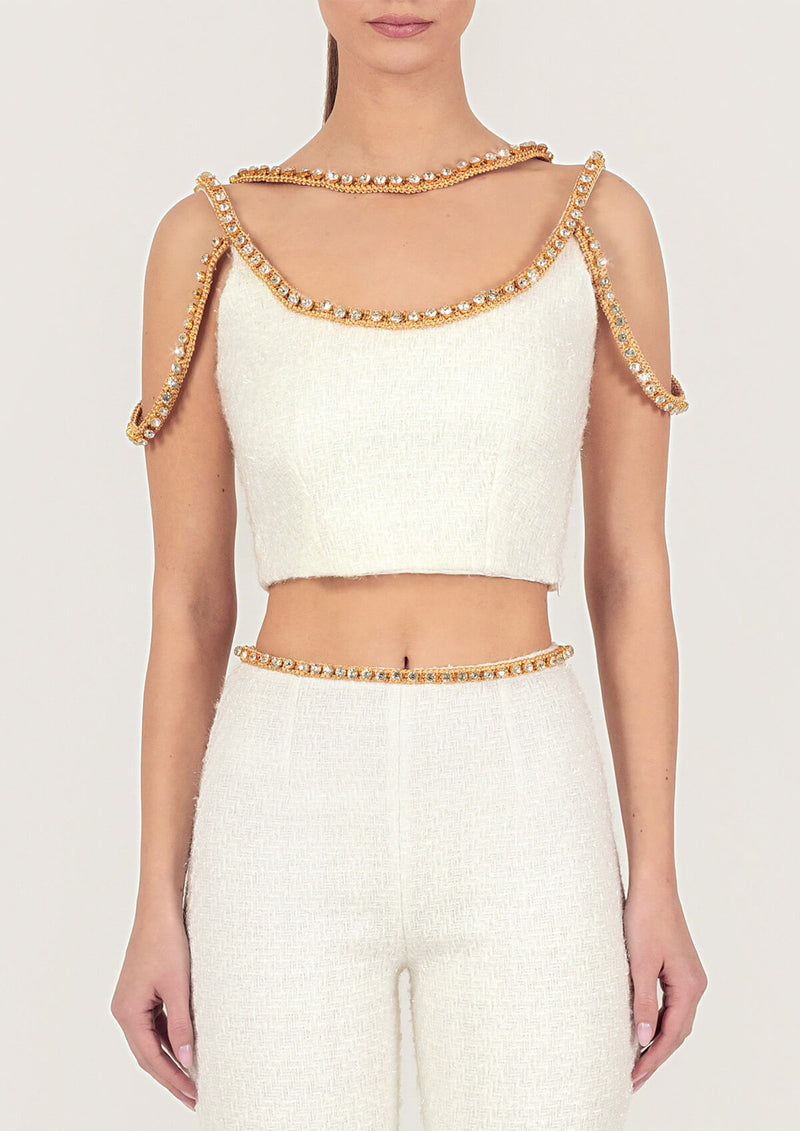 Gold Thread Embroidered Tweed Crop Top